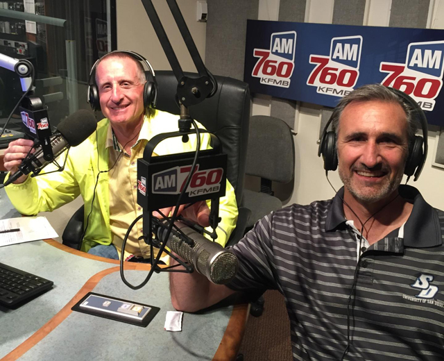 Photo of Neal Stehly and Richard Muscio in the recording studio at 760AM radio station in San Diego