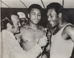 Black and White photo of Jerry Gross interviewing Muhammad Ali